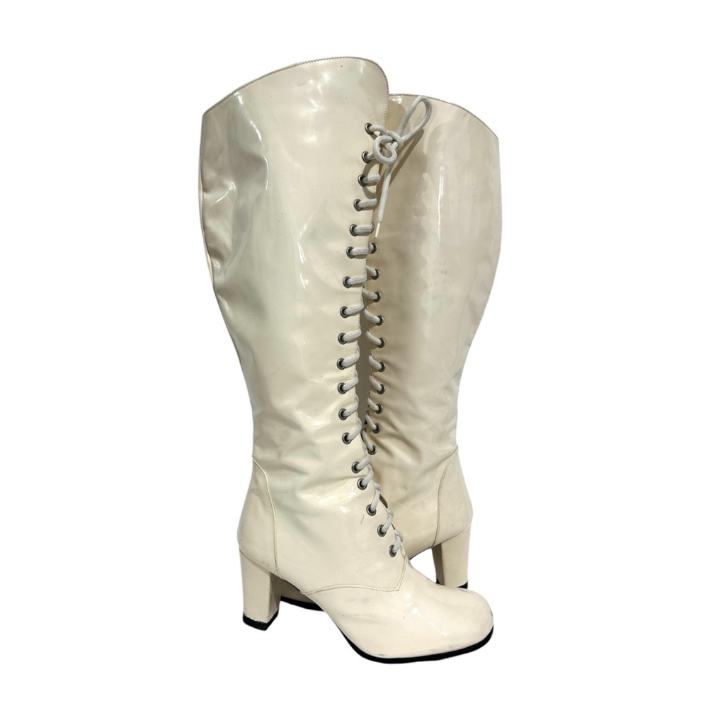 Vintage D&G Dolce Gabbana Patent Leather 90s Does 60s Ivory Lace Up Gogo Boots 6